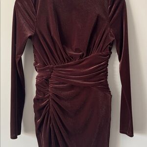 EXPRESS VELVET BODY CONTOUR MOCK NECK RUCHED MINI DRESS BROWN EXTRA SMALL